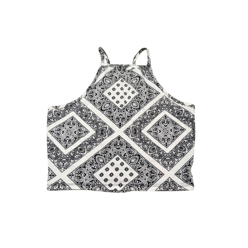 Charlotte Russe Bandana Halter Crop Top Black White Paisley Cage Back Size S